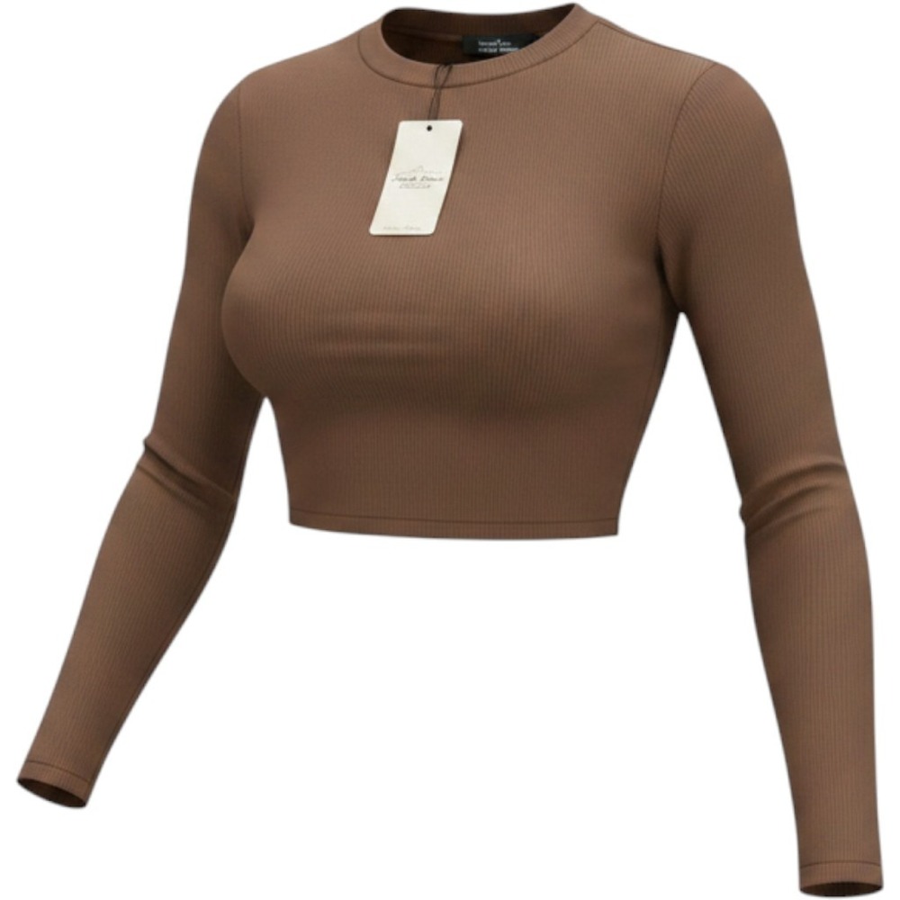 Trendy Queen Womens Ribbed Long Sleeve Crop Top Brown Crew Neck Shirt Size M NWT